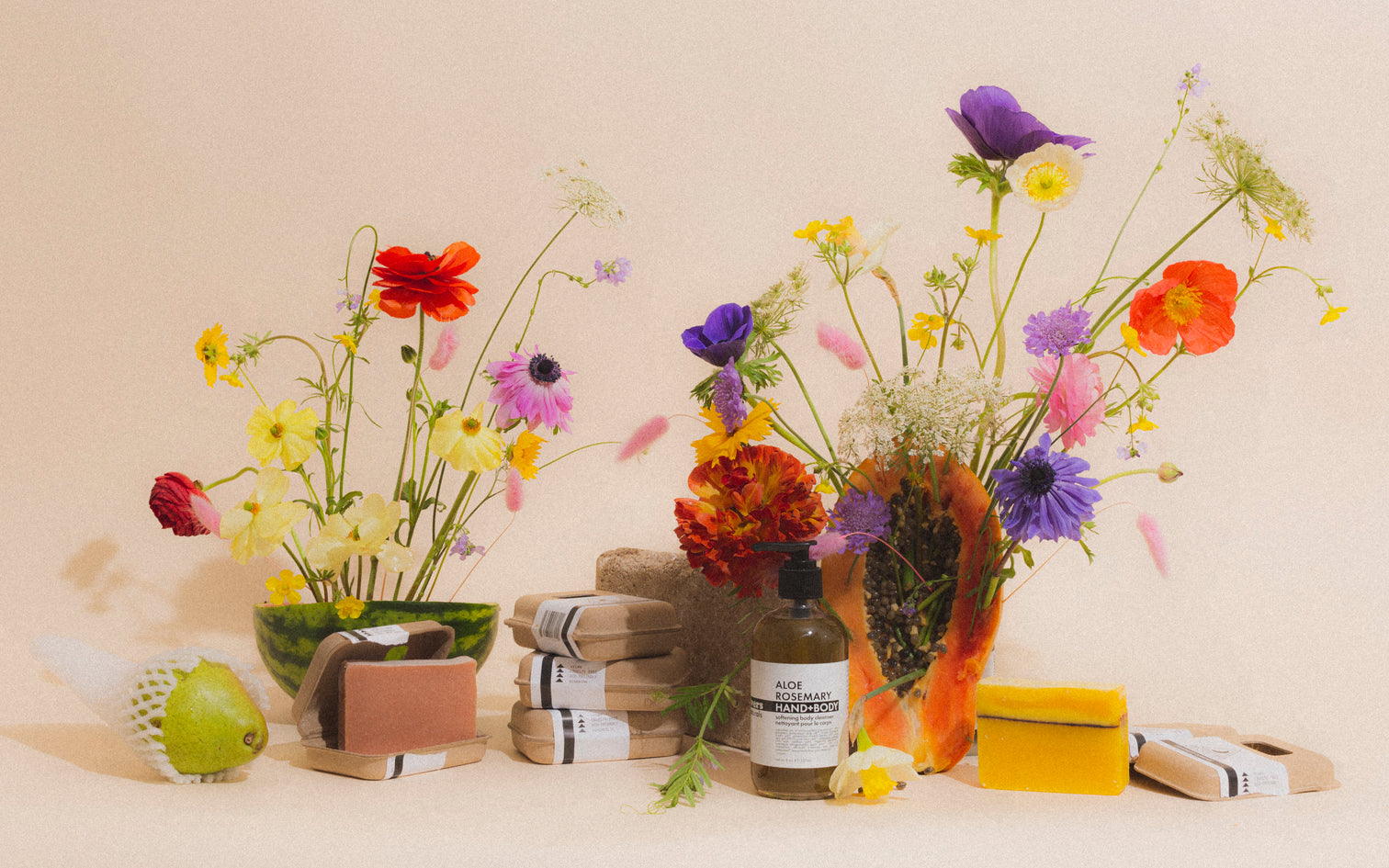 Moon Rivers products arranged with flowers